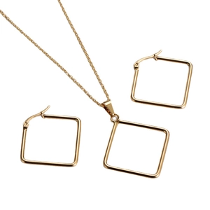 Minimalist golden titanium steel jewelry set with square pendant necklace and earrings