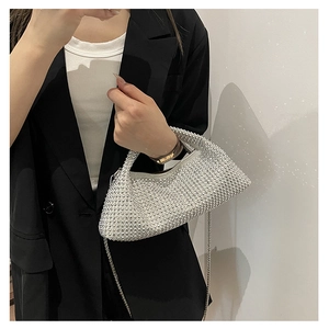 Silver rhinestone evening bag with chain strap styled on a model against white background