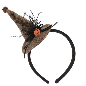 Brown Halloween witch hat headband with orange pumpkin and black mesh lace detail