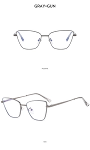 Detailed front and side views of gray metal cat-eye glasses frames with blue light blocking lenses
