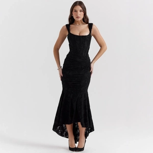 Elegant black lace bodycon fishtail dress with strapless corset and asymmetrical hemline