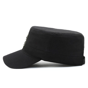 Classic black cotton cadet cap for men featuring a structured flat top and reinforced stitching