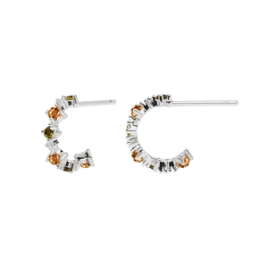 Minimalist S925 silver C-shape earrings with inlaid orange and amber colored zircons