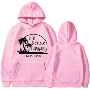Pink retired hoodie featuring tropical palm tree graphics and it is 5 o'clock everywhere print