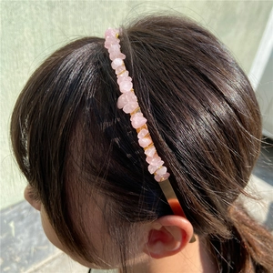 Pink natural stone chip headband on golden metal wire frame for women hair styling
