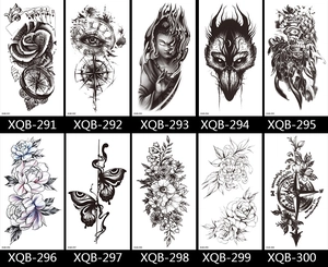 Collection of black and white floral tattoo stickers featuring roses, clocks, and skulls
