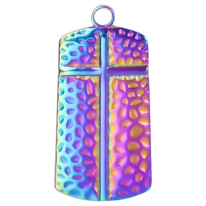 Rainbow plated stainless steel cross pendant necklace with textured hammered finish