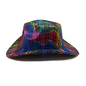 Detail of western cowboy hat with rainbow neon grid pattern on black fabric