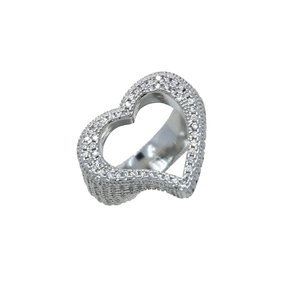 Hip hop silver heart ring with sparkling pave set zircons shown from a 45-degree angle view