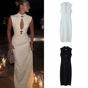 Women Sexy Cut-out Maxi Dress Sleeveless Stand Collar Slim Fit Stretch Polyester Metal Buckle Evening Party Clubwear