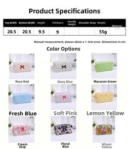 Floral makeup pouch dimensions 20.5x9.5x9cm showing various fabric patterns and bow detail