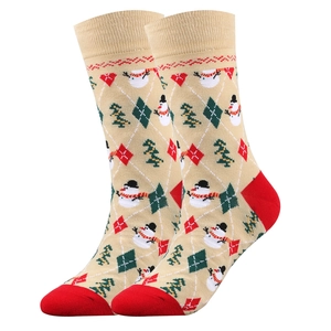 Detail view of festive cotton Christmas crew socks featuring snowman and tree patterns