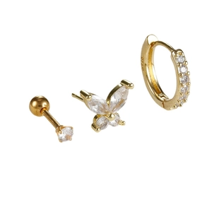 Three-piece gold butterfly earring set with micro-set zircon and S925 silver studs