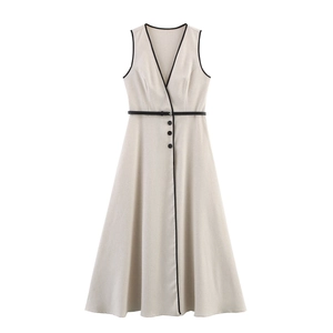 Donne Abito Maxi Senza Maniche Scollo A V Bordi A Contrasto Linea A Effetto Lino Elegante Con Cintura