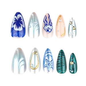 3D ocean-themed almond press-on nails with blue florals, pearls, and metallic sea shells