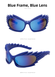 Macro detail of blue wing-shaped sports sunglasses with jagged edges and blue lenses