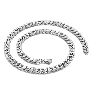 Polished silver stainless steel Cuban link chain necklace with lobster clasp in spiral pose