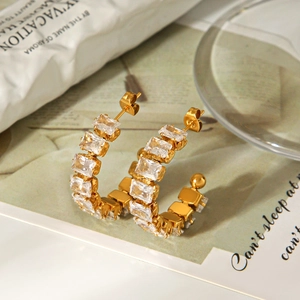 Elegant C-shaped gold-plated stainless steel earrings with sparkling square zircon stones