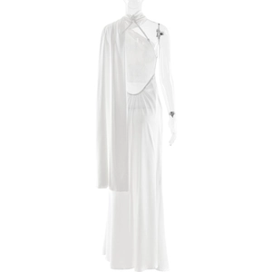Detailed back view of a white backless dress featuring an elegant cape design and slim fit