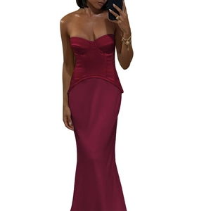 Elegant wine red satin off-shoulder evening gown with corset boning and long floor-length skirt