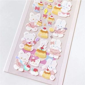 Detail of cute rabbit and bear stickers with holographic laser glitter finish for DIY