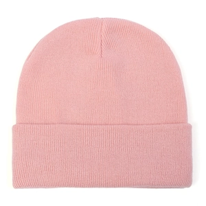Detailed close-up of pink ribbed knit beanie showing fine stitch texture and soft fabric