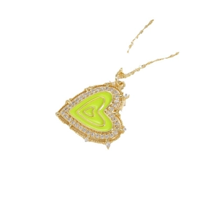 Three-layer heart pendant necklace with neon green enamel and white zircon in gold finish