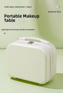Close-up of portable light green mini suitcase with a white handle and double zippers