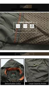 Detail of dark olive cargo jacket showing breathable orange mesh lining and utility pocket