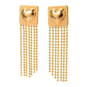 18k gold plated stainless steel square earrings with heart design and long bead tassels