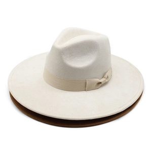 British style wide brim felt fedora hat in cream and brown with ribbon detail