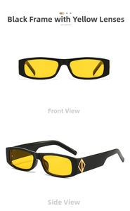 Detail view of rectangular sunglasses with black frame, yellow lenses, and gold diamond accents