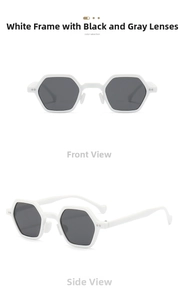 Front and side view of hexagonal white frame sunglasses with dark grey lenses