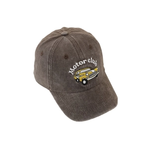 Vintage brown washed baseball cap for kids with Motor Club car embroidery on white background