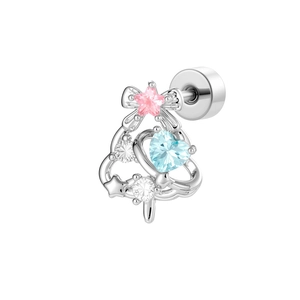 Christmas tree stud earring with colorful star and heart gemstones in silver finish