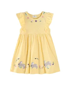 Girls' yellow polka dot cotton dress with floral embroidery and cute animal patches