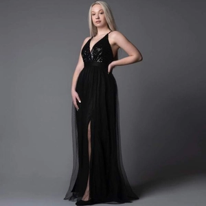 Women V Neck Sequined Mesh Evening Dress High Slit Floor Length Backless Sleeveless Sexy Elegant Party Prom Gown