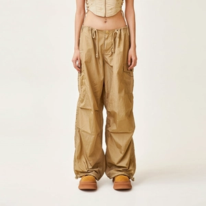 Women Wide Leg Cargo Pants High Waist Drawstring Paratrooper Trousers Metallic Nylon Streetwear Casual Khaki