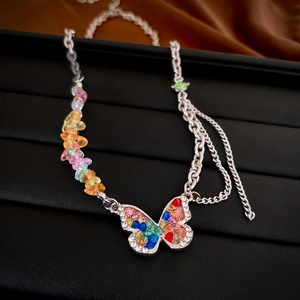 Butterfly Pendant Necklace Stainless Steel Asymmetric Splicing Chain Colorful Stone Rhinestone Jewelry For Women