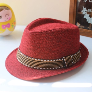 Kids Fedora Jazz Hat Vintage Linen Straw Sun Protection British Style Trilby For Boys Girls Toddlers Decorative Belt