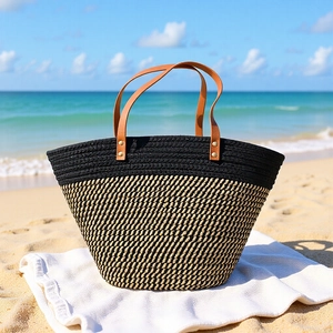 Large Capacity Cotton Rope Woven Tote Bag With PU Leather Handle Color Block Vacation Beach Handbag For Women