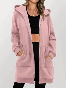 Women's casual dusty rose longline zip-up hoodie with front pockets and relaxed fit