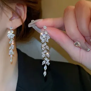 Long Dangle Tassel Earrings With Leaf Cubic Zirconia And Silver Earring Post Elegant Wedding Party Jewelry For Women