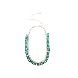 Elegant silver necklace with green baguette crystals and tassel design for formal events