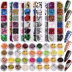 Acrylic nail art decoration set with rhinestones, glitter, and fruit slices in organizer box