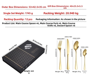Detailed size and weight specs for the 24-piece golden stainless steel cutlery set