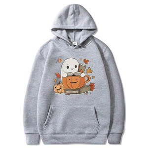 Sweat à capuche gris d'Halloween avec imprimés fantômes et citrouilles pour l'automne