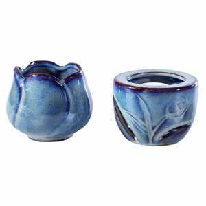 Blue ceramic tulip essential oil burner with wave edge and leaf texture detail
