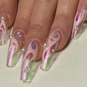Long Coffin Press On Nails Aurora Laser Flame Design With 3D Artificial Pearl Decor Y2K Trendy Fake Nails