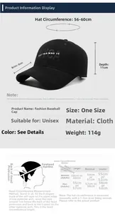 Size chart showing baseball cap dimensions including 56-60cm circumference and 8cm brim